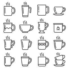 Obraz premium Collection of diverse steaming mugs for hot beverages on white background clean design