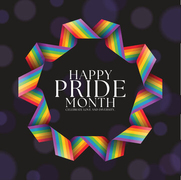 Happy pride month text in circle star rainbow pride flag waving frame on dark bokeh background vector design