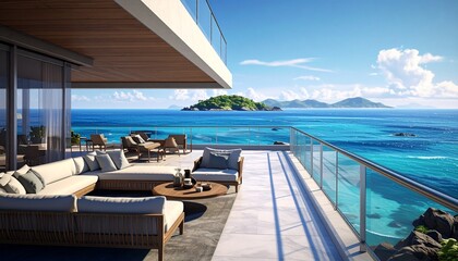 Fototapeta premium Luxury infinity pool with ocean view terrace and lounge chairs.