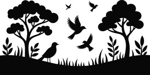 Obraz premium Black silhouette birds flying trees grass landscape isolated on white background nature scene