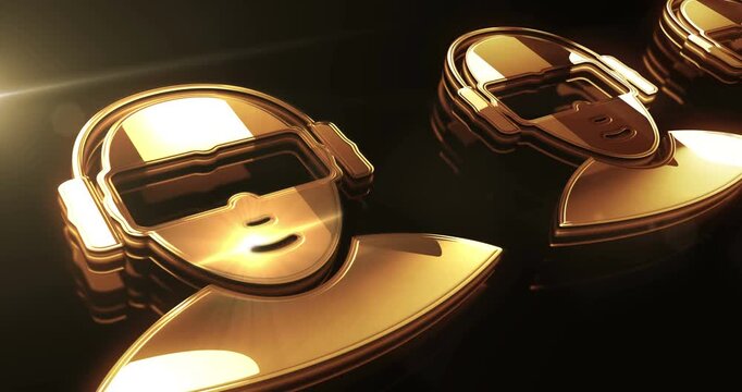 Virtual reality VR golden metal shine symbol concept. Spectacular glowing and reflection light icon abstract. Seamless and looped 3d animation.