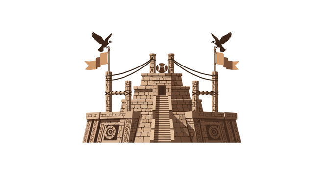 Wooden Aztec Pyramid Model with Flags.