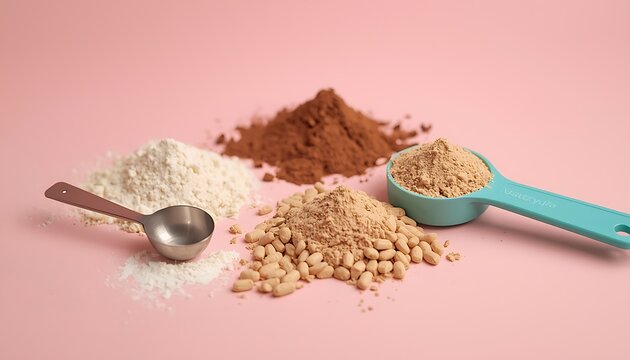 Three different types of ground spices and seeds displayed with measuring spoons on a soft pink background for cooking preparation