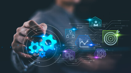 Business analyst managing process automation and digital transformation with smart workflow optimization, data analytics, operational management, system integration, and technology strategy. © Images for you