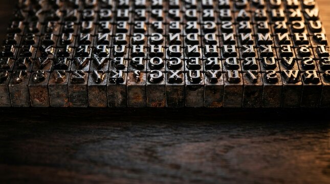 Close-up of antique movable type letterpress blocks with ink texture