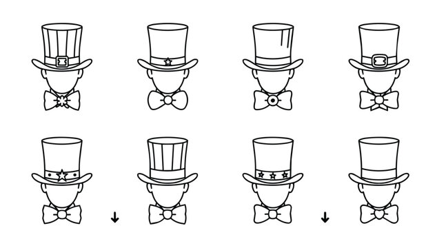 Collection of stylized heads wearing top hats and bow ties, showcasing variations in hat.