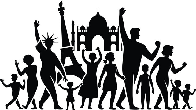 Black silhouette of diverse people celebrating in front iconic landmarks on white background