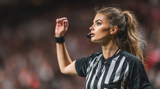 Female referee in black and white stripes signals with her hand