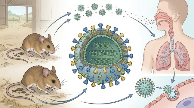 Hantavirus infectious disease cycle visualizing rodent-borne pathogen transmission through aerosolization from dried droppings, demonstrating virus particle structure.