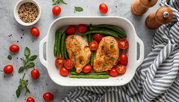 Freshly roasted chicken breasts with cherry tomatoes and green beans are prepared in a baking dish for a healthy dinner meal