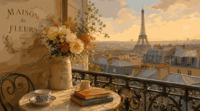 A romantic Parisian balcony view at golden hour with flowers, books, and the Eiffel Tower in the distance.