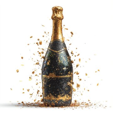 A bottle of champagne exploding with vibrant golden confetti, perfect for celebration themes and festive occasions.