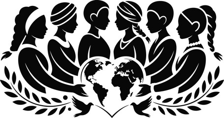 Fototapeta premium Diverse group of women from around the world in silhouette style holding heart shaped globe on white background