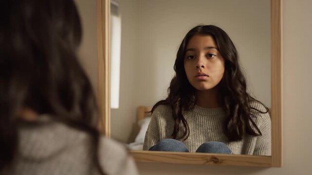 Teen girl looking at mirror dissatisfied while touching her face in bedroom. Hispanic teenager dealing with insecurity, skin care concerns, and mental health issues at home