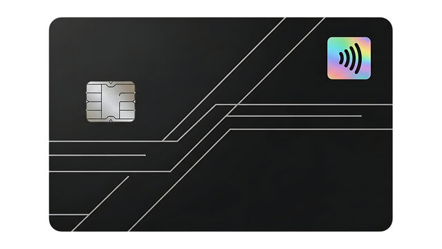 Matte black credit card with silver circuit board lines, metallic emv chip, and a holographic contactless payment symbol on a dark background