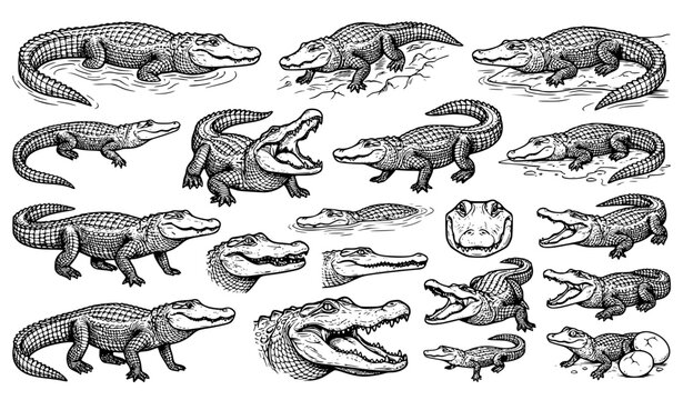 Outline alligator and crocodile illustration collection reptile vector set
&lrm;