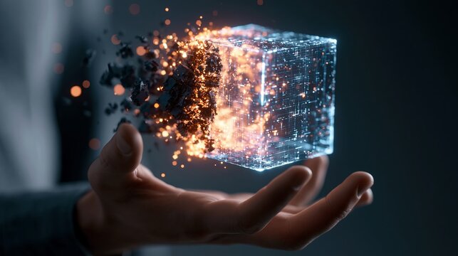 A person holding a glowing digital cube with particles exploding from it in a dark room