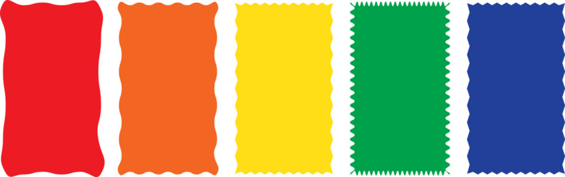 Colorful fabric swatch icon set with wavy and zigzag borders. Flat vector illustration of textile samples in red, orange, yellow, green, and blue colors