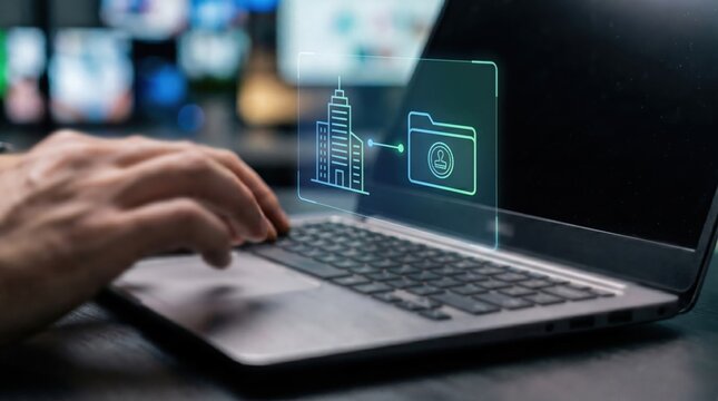 Futuristic Corporate Real Estate Tech Concept: Holographic Skyscraper and Secure Folder UI Glowing Over Laptop