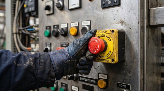 Close-up of a factory worker's hand pressing a large red industrial emergency stop button on a control panel.