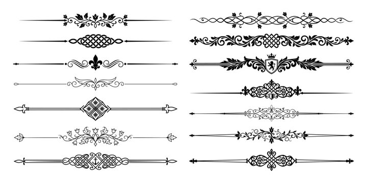 Ornaments and dividers array offers a diverse assortment of classical decorative flourishes and elegant horizontal rules for sophisticated page.
