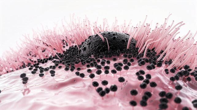 Close up microbiology view of a dark virus spore colony on pink tissue surface with dense transparent cilia filaments depicting bacterial infection histology and biological research