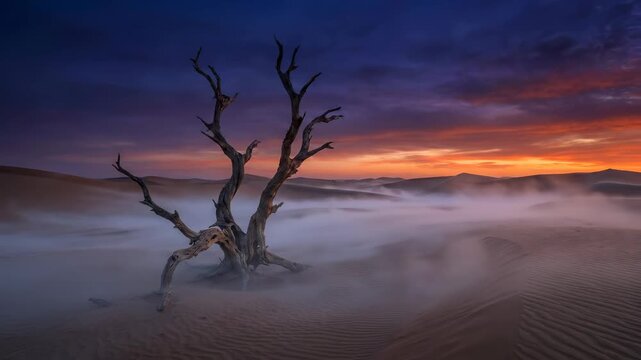 Dramatic Desert Landscape at Dusk with Dead Tree and Fog
