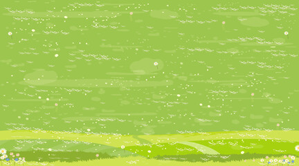 Obraz premium Summer and spring landscape background.Nature green meadow,grass field,rural hills view,flower scenery.Vector cartoon countryside illustration panoramic outdoor environment,Wall art decorative design