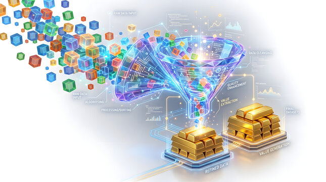 A digital funnel transforms colorful data cubes into gleaming gold bars, symbolizing the process of data analysis and monetization.