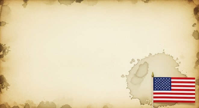 Small american flag on aged parchment paper background with vintage water stains and rustic texture for historical concept.