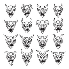 Obraz premium Collection of stylized devil faces with horns and fangs in a graphic illustration style for concept design