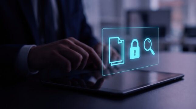 Abstract Business Consulting Concept: Neon Blue Holographic UI with Document and Security Icons Floating Over Dark Digital Tablet