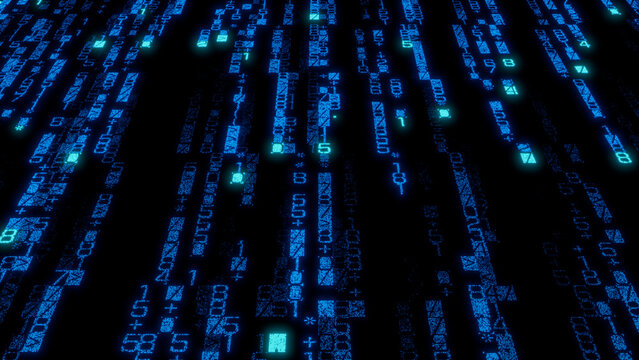 Illuminated Blue Binary Code Grid on Dark Background - High-Detail Digital Display for Software Development, Technology, and Data Visualization Projects