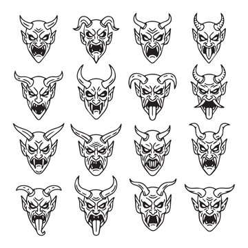Collection of stylized devil faces with horns and fangs in a graphic illustration style for concept design