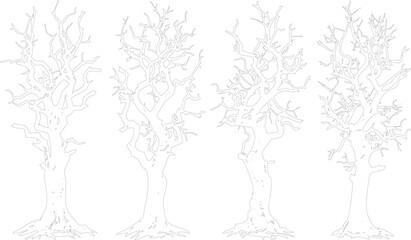 Four identical tree line drawings with twisted trunks and branches on transparent background © Lokman