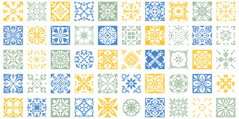 Mediterranean ceramic tiles with blue Portuguese patterns with floral ornaments. Traditional azulejo mosaic design with geometric motifs perfect for decorative backgrounds. Vector traditional amalfi © Chorna_L