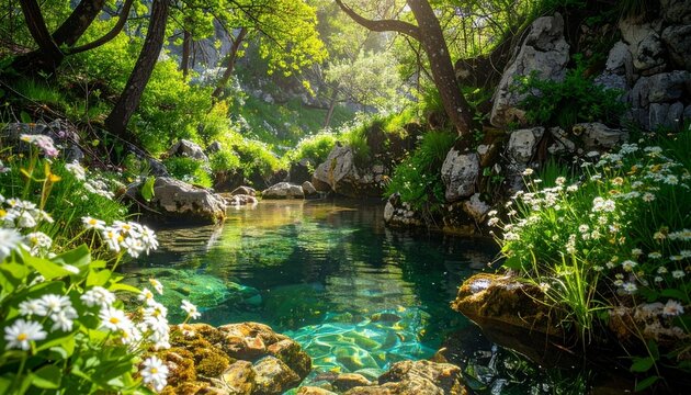 Serene forest stream flowing through lush green vegetation.
