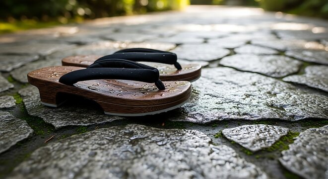 Pair of wet traditional wooden geta sandals on a garden stone path