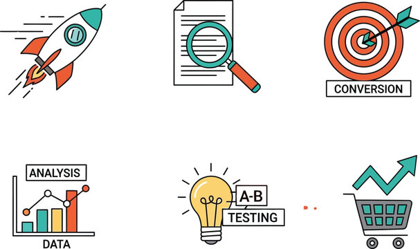 Business growth icons set rocket data analysis conversion rate and a b testing concepts