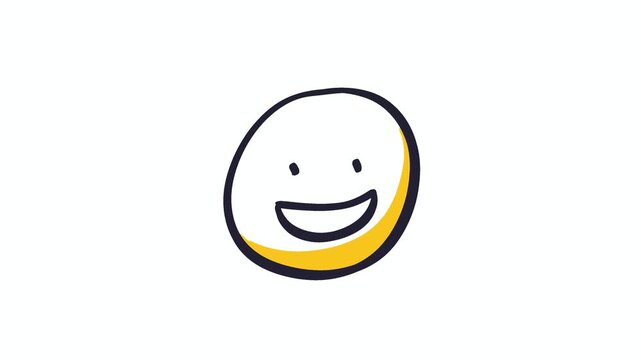 Doodle cartoon smiley face animation with sparkle, navy bold outline and gold accent on white background, happy emoji icon for social media and fun content