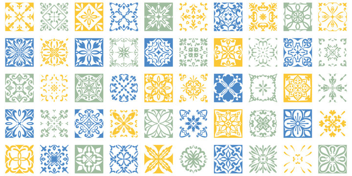 Mediterranean ceramic tiles with blue Portuguese patterns with floral ornaments. Traditional azulejo mosaic design with geometric motifs perfect for decorative backgrounds. Vector traditional amalfi