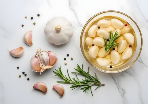 Gourmet preparation showcases aromatic garlic cloves preserved in a clear liquid within a reflective bowl, accompanied by whole bulbs, peeled segments, infused peppercorns, and fragrant rosemary