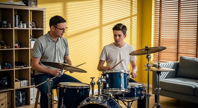 A professional drum teacher giving a private music lesson to an attentive teenage student