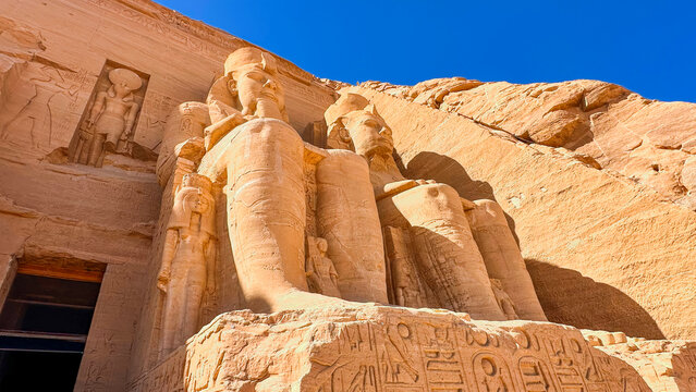 Abu Simbel, a cliff on the west bank of the Nile, in which two ancient Egyptian temples of Ramesses II are carved, Egypt.