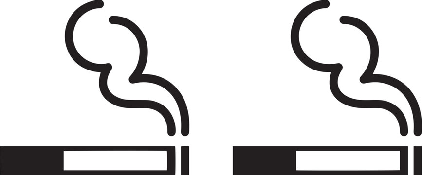Black and white burning cigarette icon set with smoke isolated on transparent background for smoking area sign or anti smoking concept