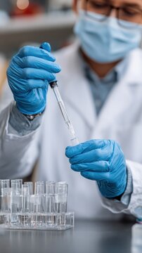 Scientist in laboratory coat and blue gloves uses pipette to transfer liquid into test tubes on a laboratory table with equipment and glassware in the background