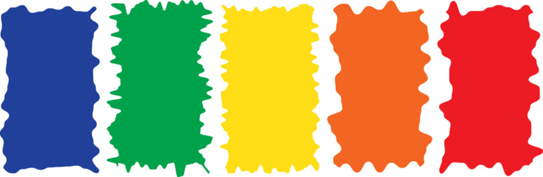 Colorful fabric swatch icon set with wavy and zigzag borders. Flat vector illustration of textile samples in red, orange, yellow, green, and blue colors