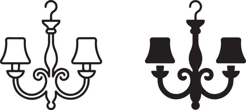 Vintage chandelier vector collection featuring black silhouette and outline illustrations of elegant hanging ceiling light fixtures for interior home decor design.