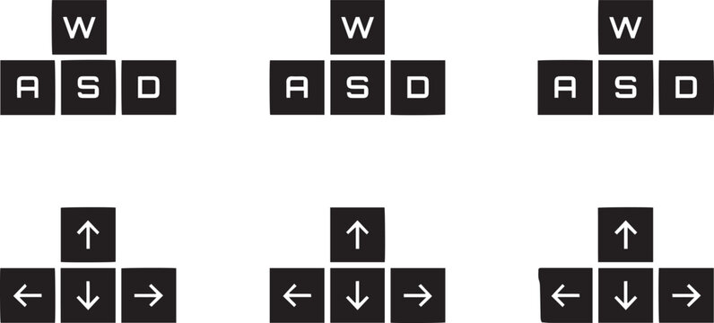 WASD and arrow keys icon set vector illustration with black keyboard buttons for PC gaming movement control and video game interface