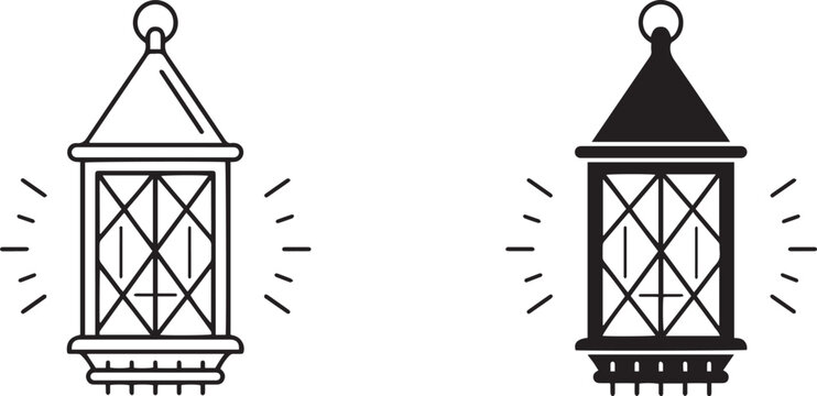 Vintage lantern vector collection featuring black silhouette and outline illustrations of traditional glowing oil lamps for decorative Ramadan lighting design.